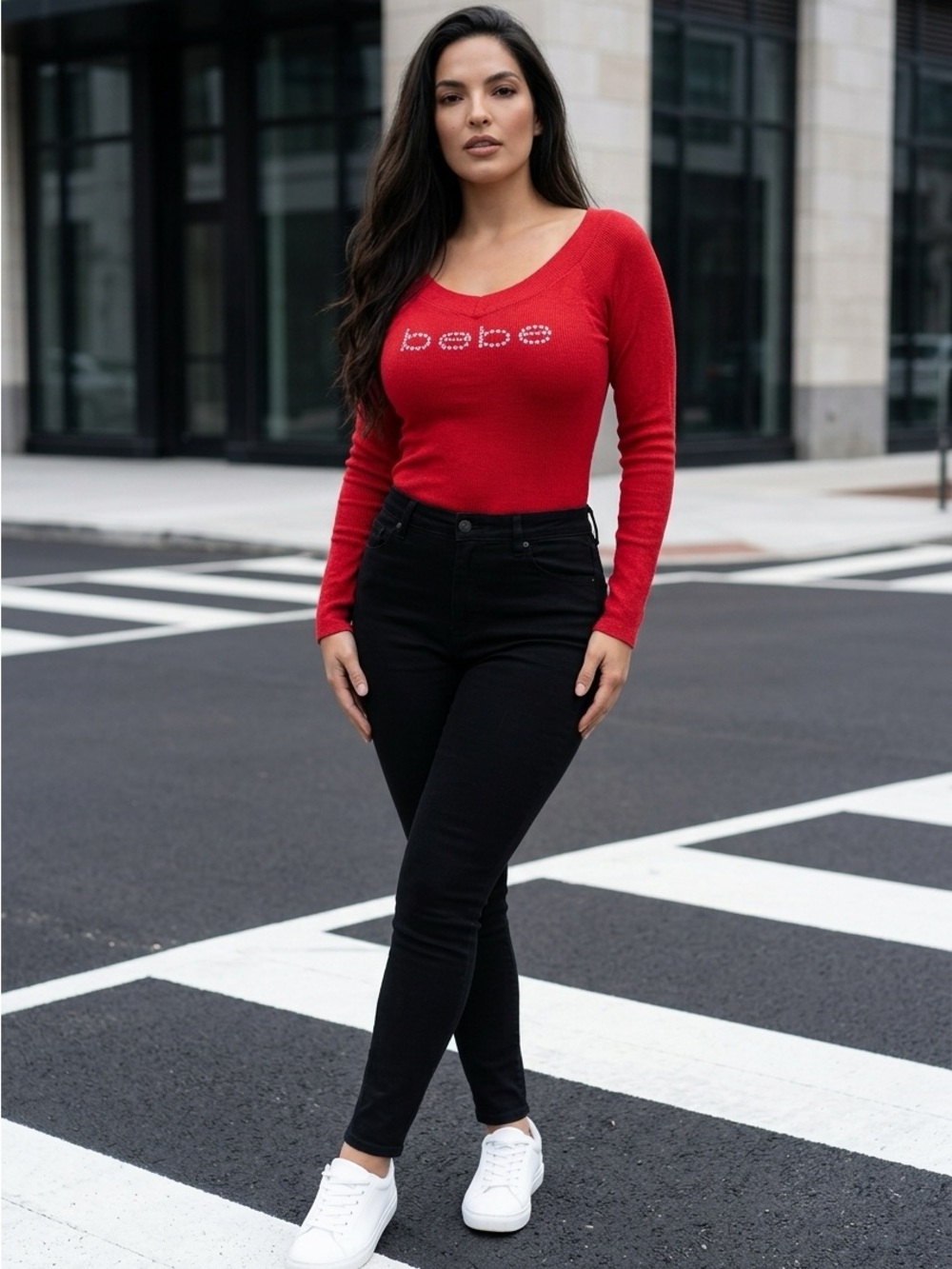 bebe Red Scoop Neck Logo Sweater Top